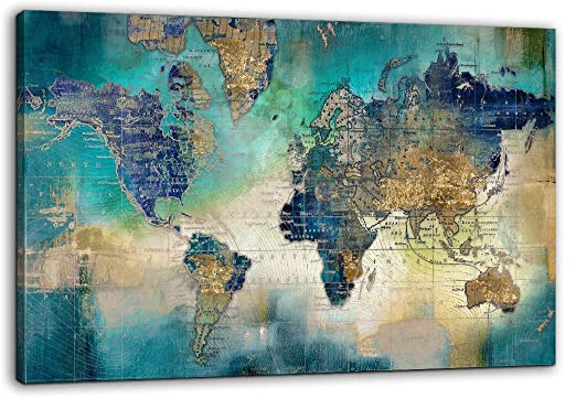 Large World Map Canvas Prints Wall Art for Living Room Office 36x48 Green World Map Picture Artwork Decor for Home Decoration