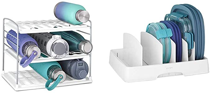 YouCopia UpSpace Water Bottle Organizer, 3 Shelf, White & StoraLid Food Container Lid Organizer, Large with Tall, White