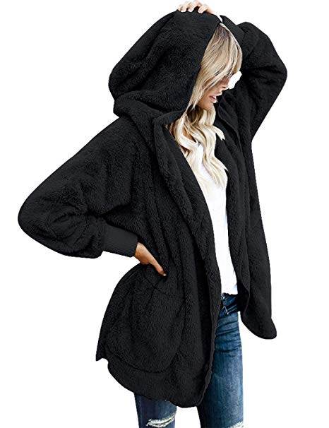 Vetinee Women Casual Fuzzy Fleece Hooded Cardigan Pocket Faux Fur Outerwear Coat