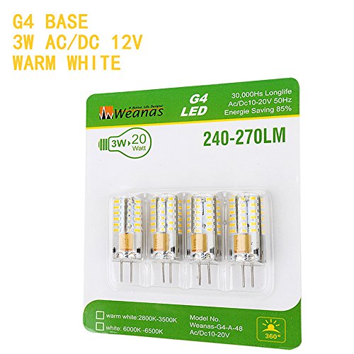 Weanas® 4x G4 Base 48 LED Light Bulb Lamp 3 Watt AC DC 12V/10-20V Warm White Undimmable Equivalent to 20W T3 Halogen Track Bulb Replacement 360° Beam Angle