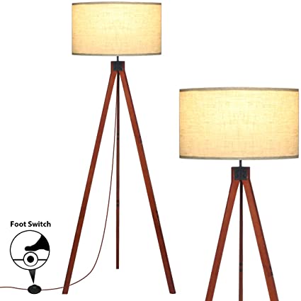 Floor Lamps for Living Room, KINGSO Wood Tripod Floor Lamp, Standing Light Flaxen Lamp Shade with E26 Bulb Base, Floor Lamps for Bedrooms Study Room Office