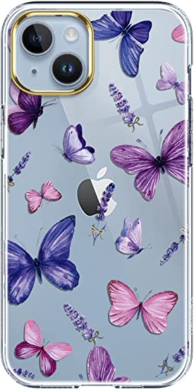 luolnh Compatible with iPhone 14 Case with Flowers,for Girly Women,Shockproof Clear Floral Pattern Hard Back Cover for iPhone 14 6.1 inch 2022 -Purple Butterfly