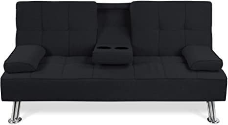 Best Choice Products Linen Upholstered Modern Convertible Folding Futon Sofa Bed w/Removable Armrests, Metal Legs, 2 Cupholders - Black