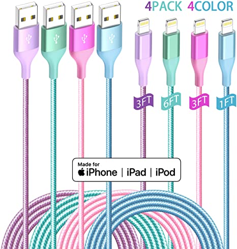 iPhone Charger Lightning Cable 4Pack 4Color Apple MFi Certified Nylon Braided Long Fast USB Cord Compatible for iPhone 11Pro MAX Xs XR X 8 7 6S 6 Plus SE 5S 5C (Purple Blue Green Rose)