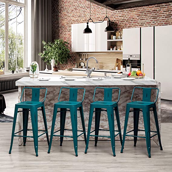 Yongchuang 30 inch Seat Height Metal Bar Stools Set of 4 Industrial Counter Height Barstools for Indoor-Outdoor (30" Low Back, Distressed Teal Blue)