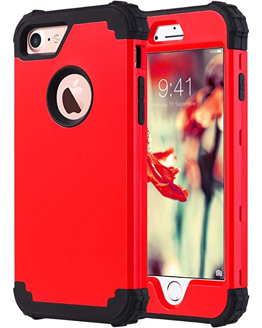 ULAK iPhone 7 Case, iPhone 8 Case, [Shockproof Series] Heavy Duty Protection Shockproof Hybrid Soft Silicone & Hard PC Rugged Bumper Anti Slip Full-Body Protective Cover, Red