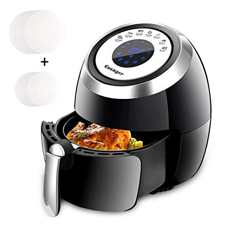 Healthy Hot Air Fryer by ESSAGER Family Size Outer Pot 4.7 Qt Frying Basket 3.8 Qt 7-in-1 Mode Upgraded Digital Full Touch Screen 1500W with Air Fryer Recipes Cookbook and 40Pcs Air Fryer Liners Accessories Mini Oven New Lifestyle (Black)