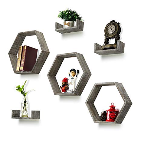Round Rich Wall Shelf Set of 6 - Rustic Wood 3 Hexagon Boxes and 3 Small Shelves for Free Grouping