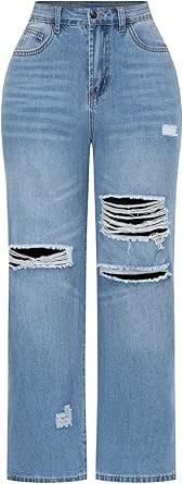 THUNDER STAR Womens High Waisted Wide Leg Jeans Stretchy Distressed Denim Pants