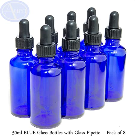 Aura 50ml Blue Glass Bottles with Glass Pipettes - Pack of 8