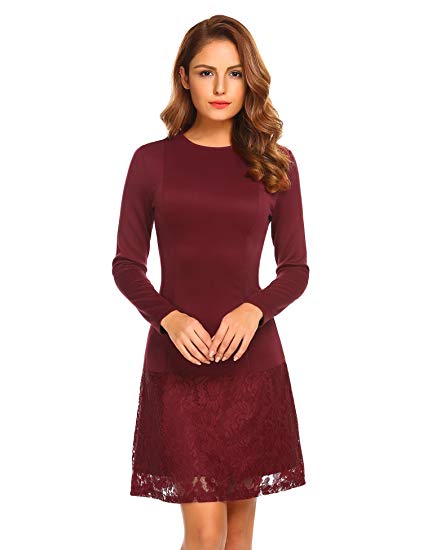 Zeagoo Women 3/4 Sleeve Lace Patchwork Cocktail Party Slim A-Line Dress