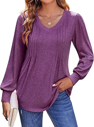 Zeagoo Women'S Puff Long Sleeve Shirts Pleated V Neck Fall Tunic Tops Blouse Dressy Causal Loose Summer T-Shirts