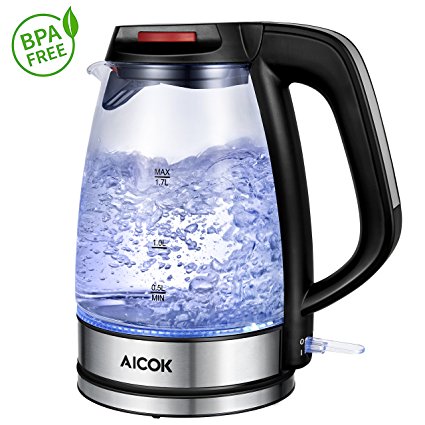 Aicok Electric Glass Kettle with Blue LED illumination, 3000W Fast Boil Kettle, 1.7L Electric Cordless Kettle, BPA Free