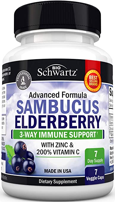 Sambucus Elderberry Capsules with Zinc & Vitamin C - Women & Men's Daily Herbal Supplement for Immune Support, Skin Health - Powerful Antioxidant - Natural Elderberries - Veggie Caps - 7 Capsules