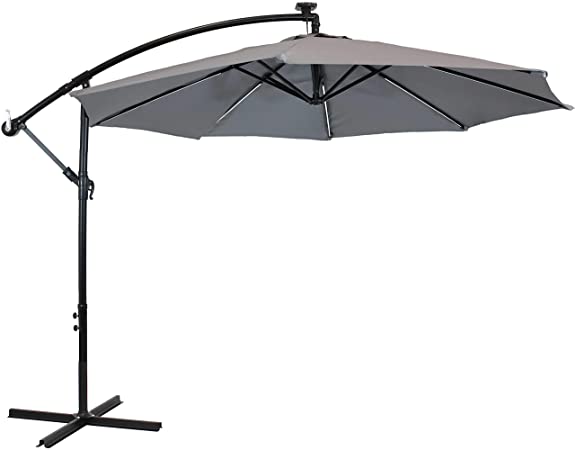 Sunnydaze Outdoor Cantilever Offset Patio Umbrella with Solar LED Lights - Outside Waterproof Polyester Shade Steel Pole - Air Vent, Cross Base and Crank - 9-Foot - Smoke