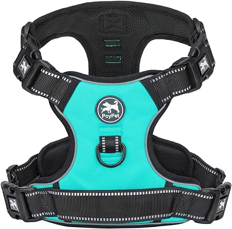 PoyPet No Pull Dog Harness with 4 Snap Buckles, Reflective with Front & Back 2 Leash Hooks and an Easy Control Handle [NO Need Go Over Dog’s Head](Mint Blue,XL Plus)