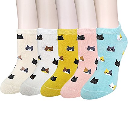 5 Pairs Womens Cute Animal Socks, Fun and Cool 100% Cotton Art Socks