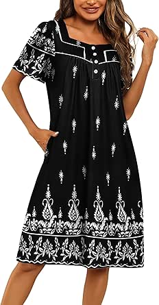 Ekouaer Women's House Dress with Pockets Moomoo Dresses Short Sleeve Mumu Nightgown Lounge Dress Button Down Sleepwear