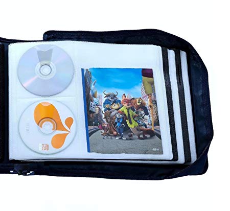 DVD CD Storage Case with Extra Wide Title Cover Pages for Blu Ray Movie Music Audio Media Disk (Portable Carrying Binder Holder Wallet Album Home Organizer)- Blue, 128 disk units, 64 booklet pockets