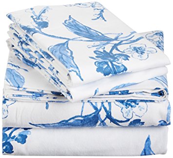 Pinzon 190 Gram Heavyweight Velvet Flannel Sheet Set - Queen, Floral Smokey Blue