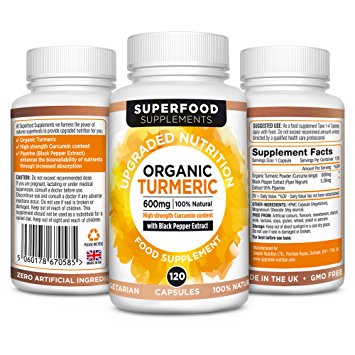 Organic Turmeric Supplement with Piperine 120 veg capsules By Superfood Supplements. High Strength Curcumin and black pepper extract.