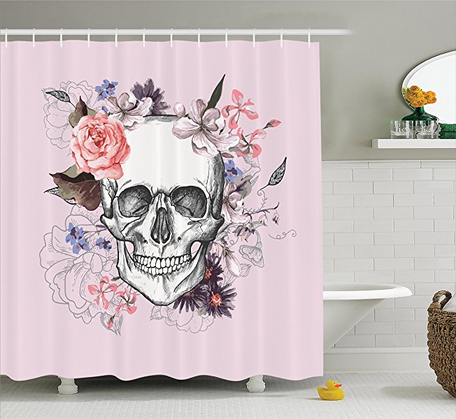 Ambesonne Skulls Decorations Collection, Skull and Blooms Catholic Popular Ceremony Celebrating Artistic Vintage Design, Polyester Fabric Bathroom Shower Curtain Set with Hooks, Soft Salmon White