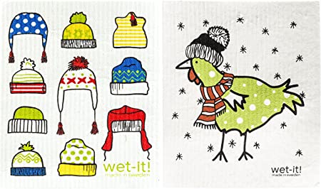 Wet-It! Swedish Dishcloth Set (Hats and Winter Chicken, Set of 2)