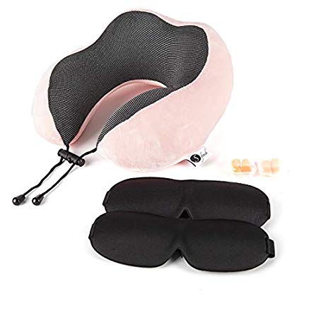 Softouch Travel Pillow Premium Pure Memory Foam Neck Pillow | Comfortable & Breathable Cloth Cover | Washable | Travel Kit with 2 Quality Eye Masks, 2 Earplugs | Upgraded Breathable & Small Bag(Pink)