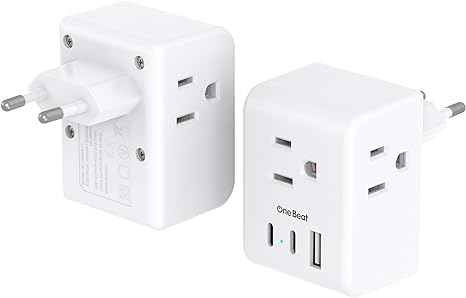 2 Pack European Travel Plug Adapter, One Beat International Power Plug Adapter with 3 Outlets 1 USBA 2 USB C, Type C Plug Adapter Travel Essentials to Most Europe EU Spain Italy France Germany