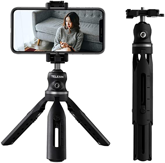 Camera Tripod, Portable Phone Stand Tripod 360 Degree Rotation with Phone Holder Cold Shoe Mount for iPhone Samsung Canon Nikon Sony GoPro Video Vlogging Live Streaming