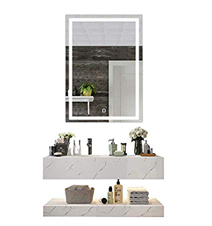 DIYHD W24 X H32 Wall Mount Led Lighted Bathroom Mirror Vanity Defogger Square Lights Touch Light Mirror