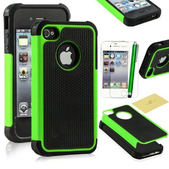 Fulland Deluxe Hybrid TUFF Rugged Shockproof Rubber   Hard Case Cover For Apple iPhone 4 4s Plus Stylus Pen and Screen Protector-Green/Black