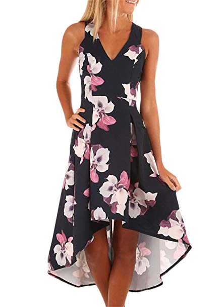 Dokotoo Womens V Neck Floral Print High Low Skater Party Dress