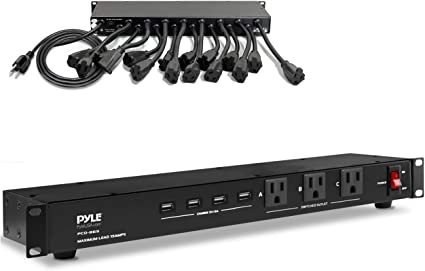 Pyle PCO865 19 Outlet 1U 19" Rackmount PDU Power Distribution Supply Center Conditioner Strip Unit Surge Protector 15 Amp Circuit Breaker 4 USB Multi Device Charge Ports 15FT Cord, Black