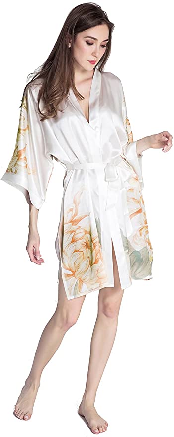 KIM ONO Women's Silk Kimono Robe Short - Floral Print