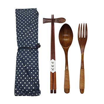 Japanese Natural Wooden Tableware Sets of 5-pieces (1 Spoon, 1 Chopsticks, 1 Fork, 1 Chopsticks Holder, 1 Tableware Bag) (Q15101)