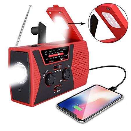 [2019 Upgraded Version] Sosanping Emergency-Solar-Hand-Crank-Radio, Portable NOAA-Weather-Radio with AM/FM, Reading-Lamp, 2000mAh-Power-Bank-USB-Phone-Charger and SOS Alarm,LED Flashlight(RED)