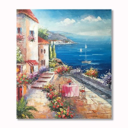 VV Art Italian Coast Town Beach Landscape Hand Painted Oil Painting Wall Art on Canvas Home Decoration Framed Ready to hang