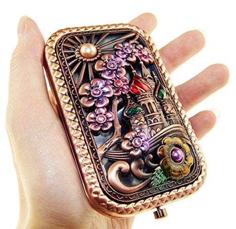 Ivenf Rose Golden Castle & Flower Square Vintage Compact Purse Mirror, Christmas Gift