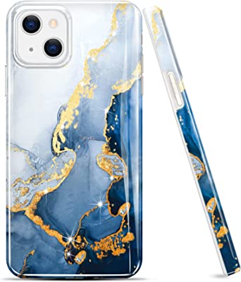 luolnh Gold Glitter Sparkle Case Compatible with iPhone 14 Case Marble Design Shockproof Slim Soft Silicone TPU Bumper Cover Phone Case for iPhone 14 6.1 Inch 2022(White&Dark Blue)