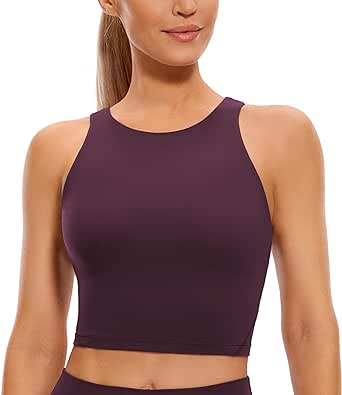 CRZ YOGA Butterluxe Womens High Neck Longline Sports Bra - U Back Padded Crop Workout Tank Top with Built in Bra