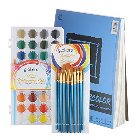 glokers Watercolor Paint Set Starter Kit - Bundle with Canson XL Watercolor Paper Sketchbook Pad   36 Solid Cake Colors   10 Painting Brushes. Professional Artist Quality - Non-Toxic, Safe for Kids