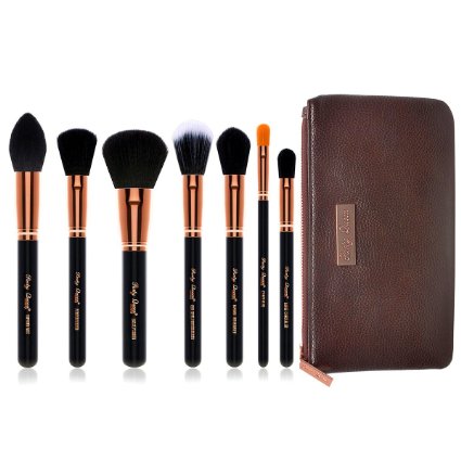 Party Queen Unique Vision 7Pcs Makeup Brush Face Set-Silky Density Synthetic Bristles Cosmetic Kit   Free Soft Coffee/Black Leather Case - Versatile For Face Flawless Beauty (Rose Golden)