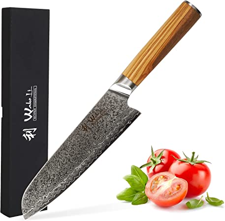 Wakoli Damascus Santoku knife blade 7-inch extremely sharp from 67 layers genuine Japanese Damascus with walnut olive wood handle, Wakoli Oribu Series