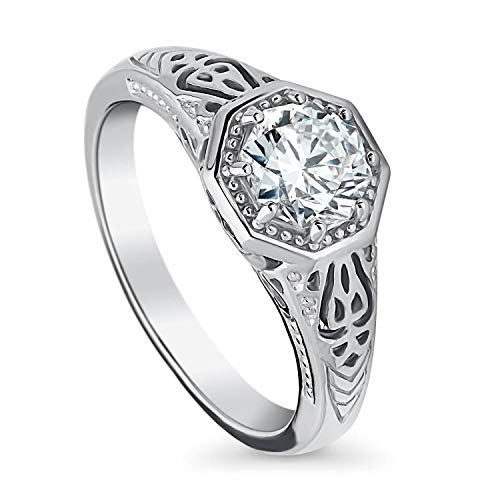 BERRICLE Rhodium Plated Sterling Silver Art Deco Milgrain Promise Ring Made with Swarovski Zirconia