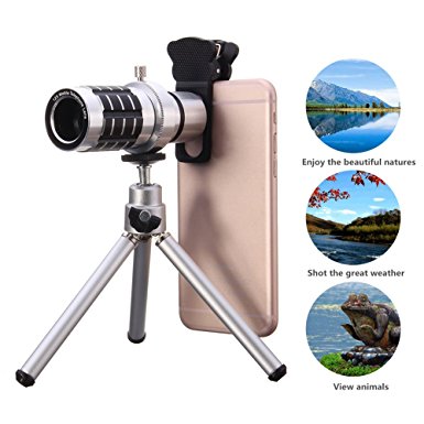 12X Optical Phone Camera Lens with Tripod, Hizek Manual Focus Telescope Zoom Kit with Cellphone Stand Sliver Tripod