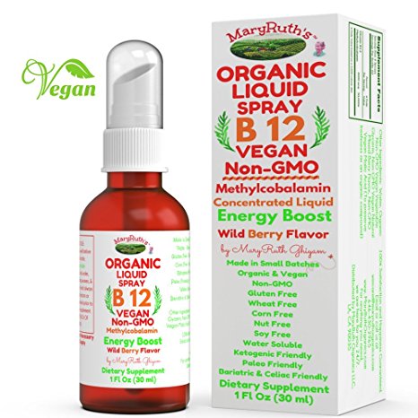 ORGANIC VITAMIN B12 (Methylcobalamin) Liquid Spray (Concentrated) by MaryRuth - ENERGY BOOST- Vegan Non-GMO Paleo Gluten Free Bariatric & Celiac Friendly, Soft Taste, Men, Women & Kids 1oz