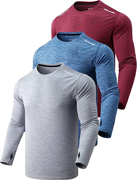 3 Pack Men's Dry Fit Performance Crewneck Long Sleeve T-Shirts, Athletic Running Tops with Thumb Holes