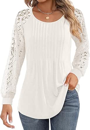 EVALESS Womens Lace Long Sleeve Tunic Tops Pleated Crewneck Blouses Dressy Casual Loose T-Shirts