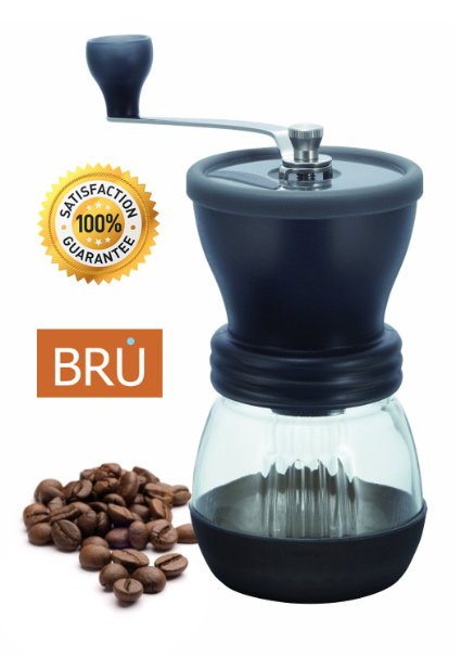Manual Coffee Grinder ~ BRU USA Ceramic Hand Burr Coffee Mill - with Glass Storage Container and Protective Lid, Black